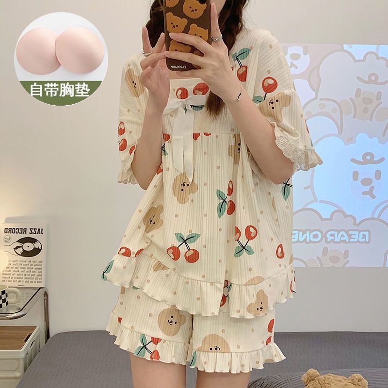Ren Có Miếng Lót Ngực Bộ Đồ Ngủ Nữ Phù Hợp Với Cô Gái Dễ Thương Ngọt Ngào Ngắn Tay Quần Short Loungewear Có Thể Mặc Bên Ngoài
