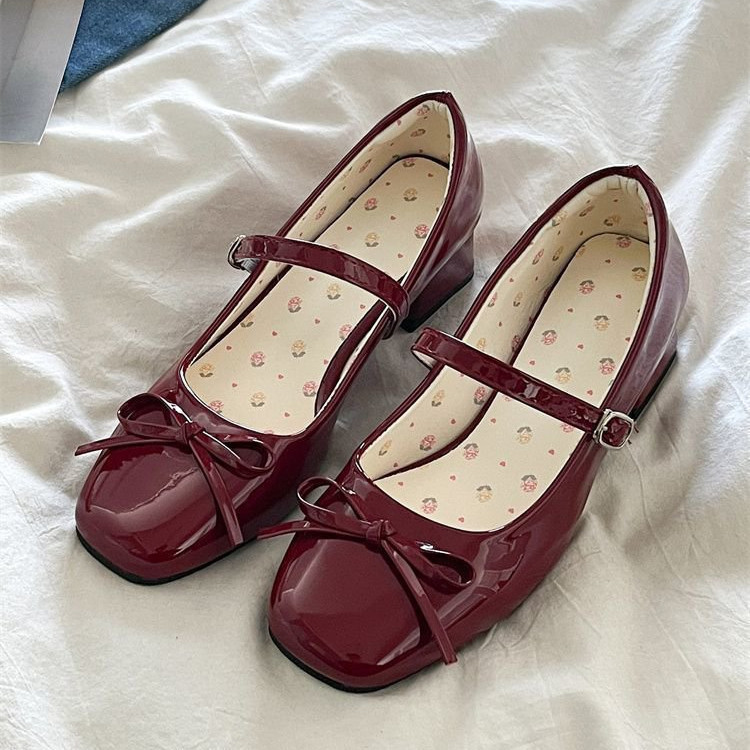 Phong Cách Hàn Quốc Mũi Tròn Màu Trơn Gót Dày Đế Dày Dây Đeo Khóa Phẳng Mary Jane Giày PU Cổ Tích Phong Cách Cao Gót Nhà Máy Giá Bán Buôn