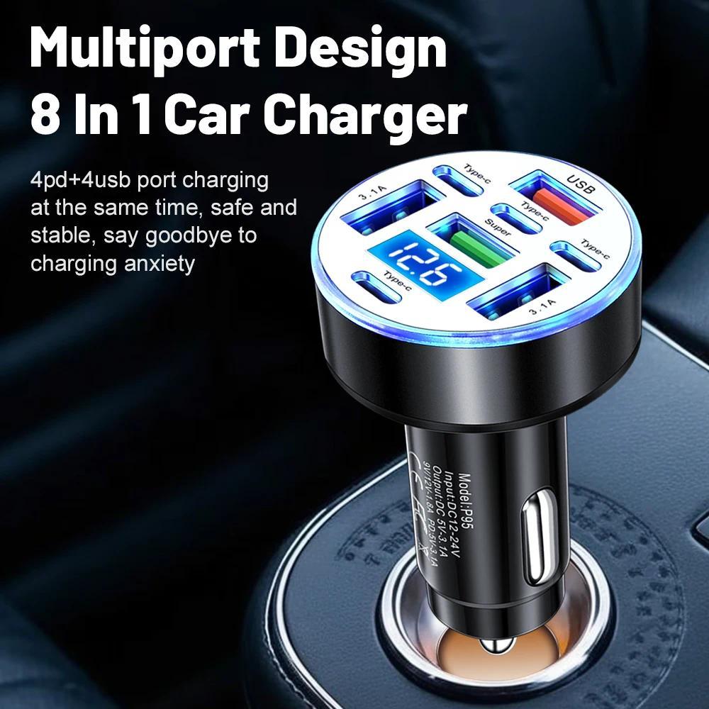 Ổ cắm sạc ô tô 8 trong 1 Bộ chuyển đổi nguồn sạc nhanh PD / QC / SCP Bộ sạc nhẹ thuốc lá ô tô với đèn LED Vôn kế kỹ thuật số