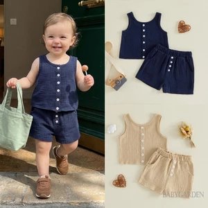 Bộ trang phục mùa hè cho bé trai bé gái 3M-3Y Nút đáng yêu Áo và quần short cổ tròn không tay phía trước
