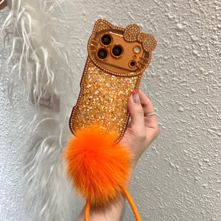 Ốp lưng iPhone tai mèo Bling màu cam có dây đeo cổ tay Pom-Pom | Ốp Điện Thoại Lấp Lánh Lấp Lánh Lấp Lánh Cho iphone 17 17ProMax 17Pro 16 15 14 Vỏ
