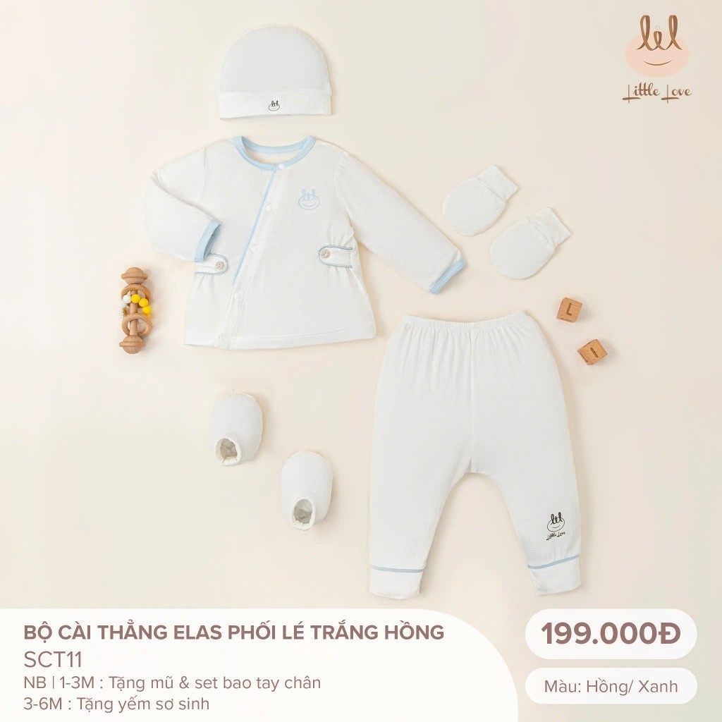 Bộ Sơ sinh cài thẳng [ Vải Elas mềm mịn mát, co dãn tốt ]Lil Little Love (SCT11) tặng kèm sét mũ, bao tay chân Hoặc yếm