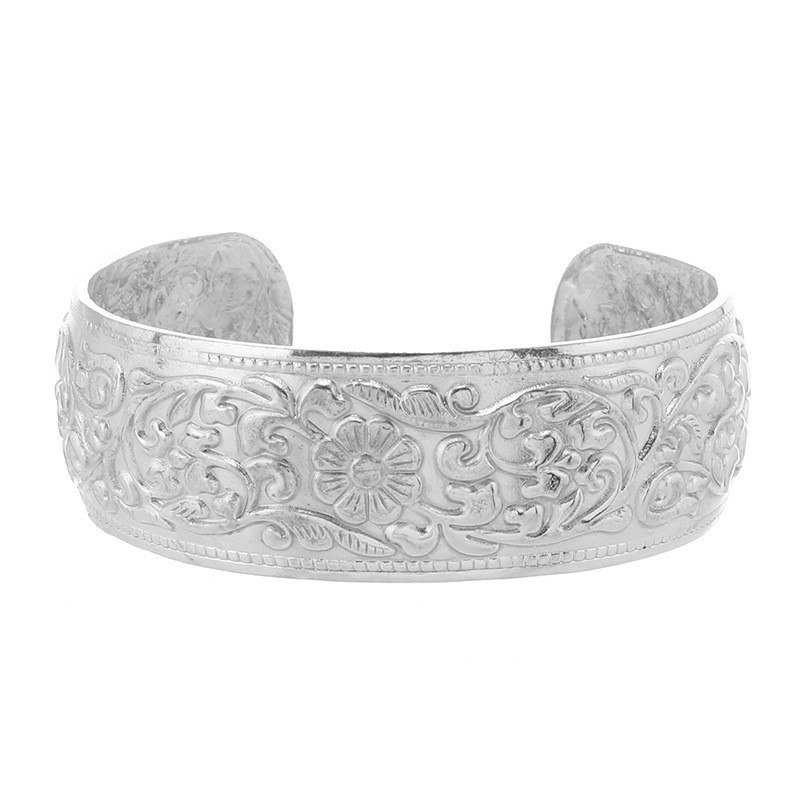 Quý Châu Phong Cách Dân Tộc Hoa Văn Handmade Khắc Rộng Miao Bạc Mở Vòng Tay Retro Phù Hợp Với Tính Khí Bạc Vòng Tay Trang Sức Vòng Tay Văn Học Retro Hoa Mẫu Đơn Totem