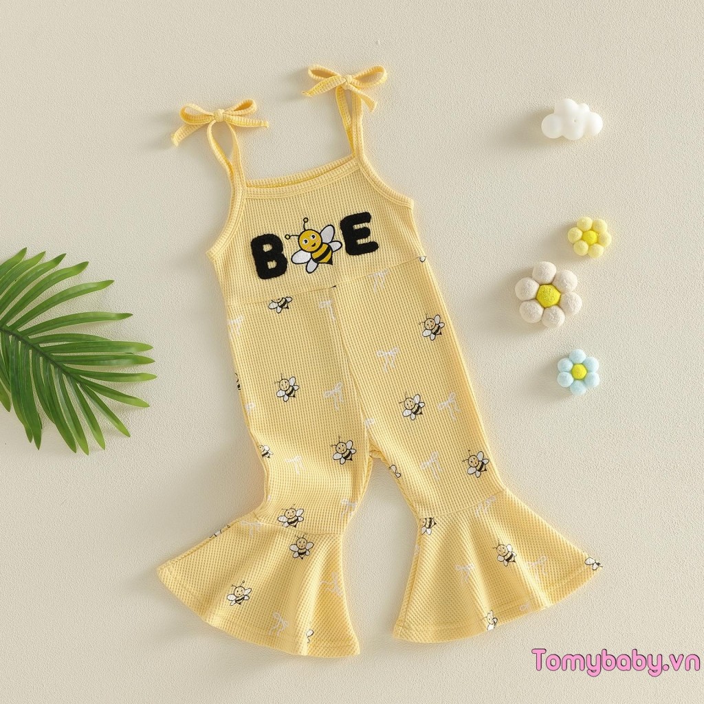 Bộ áo liền quần bé gái tập đi Chữ cái dễ thương Thêu ong không tay đáy chuông tổng thể