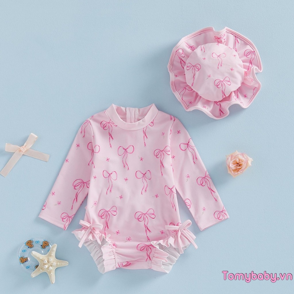 Bé Gái Rash Guard Đồ Bơi Nơ In Hình Dài Tay Ruffle Đồ Bơi Có Mũ Bộ Cho Bể Bơi Đi Biển