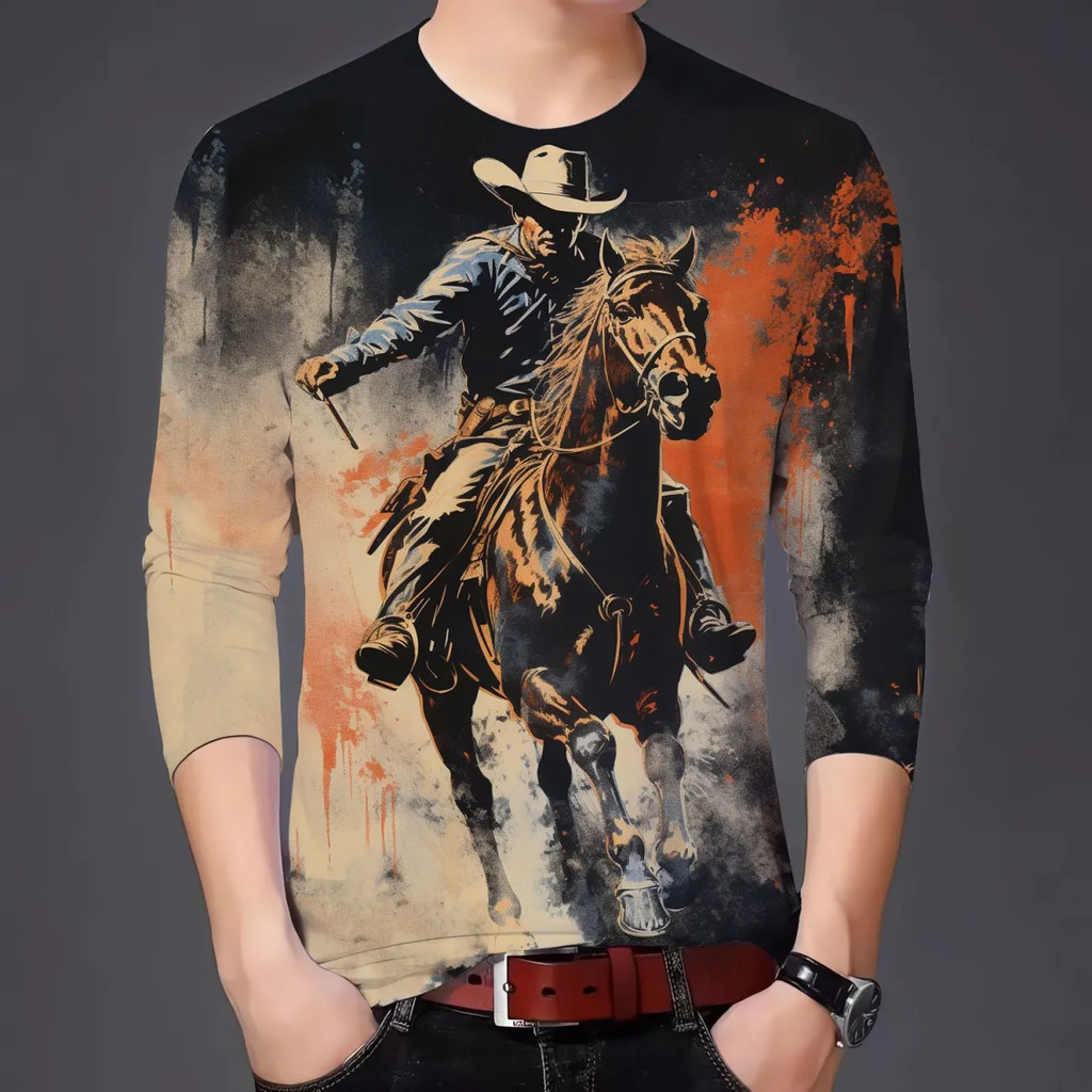 Áo thun unisex họa tiết ngựa, thời trang cổ tròn tay dài