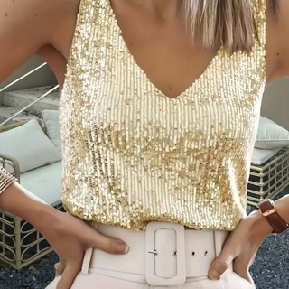 Women's Sleeveless Sparkles Shimmer Camisole Vest Glitter Sequins Tank Tops