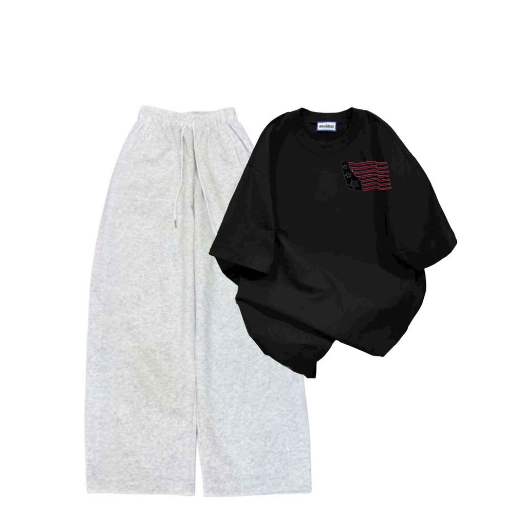 sét bộ quần dài  da cá xám đậm trơn + mix áo phông form rộng lá cờ mỹ chất vải cotton su