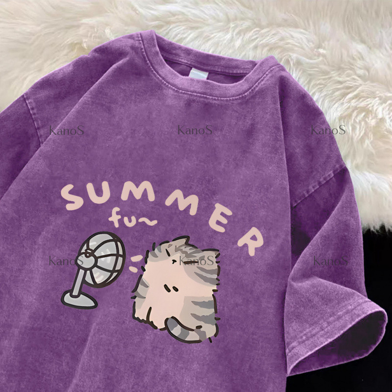 Kanos_shop | áo thun mèo, Hàn quốc dễ thương Cat with a fan print 100% cotton áo sơ mi tay ngắn