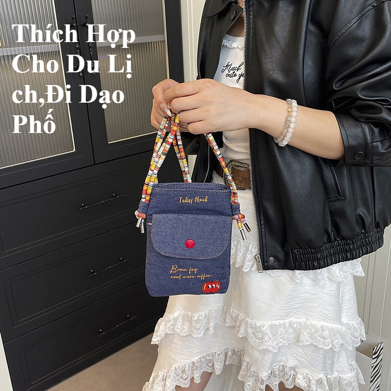 Túi đeo chéo vải jean mini thời trang, họa tiết thêu hình quả táo tinh xảo, Túi đeo vai di động, đi dạo phố, du lịch
