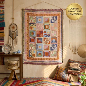Thảm Treo Tường Boho Mặt Trời Vải Trải Sofa Dệt Thổ Cẩm Tranh Vải Decor Phòng Ngủ Bắc Âu Vintage Có Tua Rua Cao Cấp 180x130cm