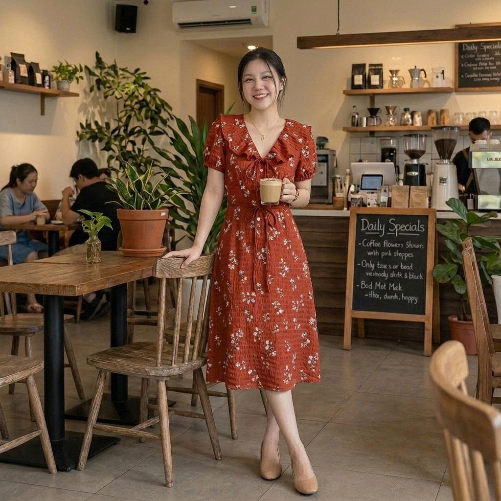 Váy hoa nhí dáng dài phối cổ bèo đi biển siêu xinh Linh Tây.Clothing - V001