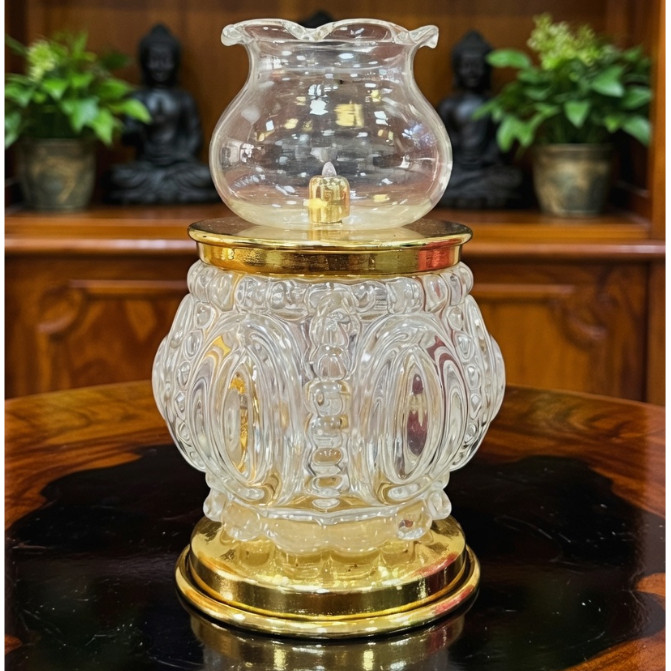 Đèn Dầu Thủy Tinh Họa Tiết Vân/Sen Đa Sắc Đế Vàng Cao Cấp - Đèn Thờ Cúng Phật, Gia Tiên, Thần Tài [ Đèn 054 ]