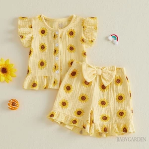 Bộ bé gái 3m-3y Áo và quần short có nút bay Daisy Trang phục mùa hè