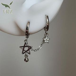 VRZ - Bông tai màu bạc hình ngôi sao với dây xích đôi, xu hướng thời trang Y2K