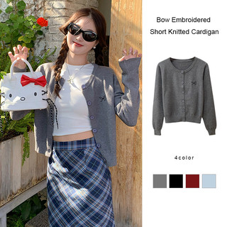 Áo khoác cardigan mỏng tay dài cài một hàng khuy dành cho nữ, thêu nơ, dáng ngắn.