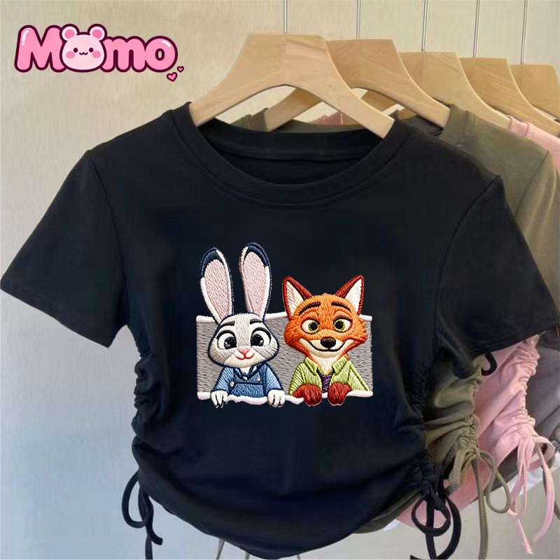 Zootopia hoạt hình giả thêu in họa tiết dây rút thiết kế giản dị cổ tròn ngắn tay