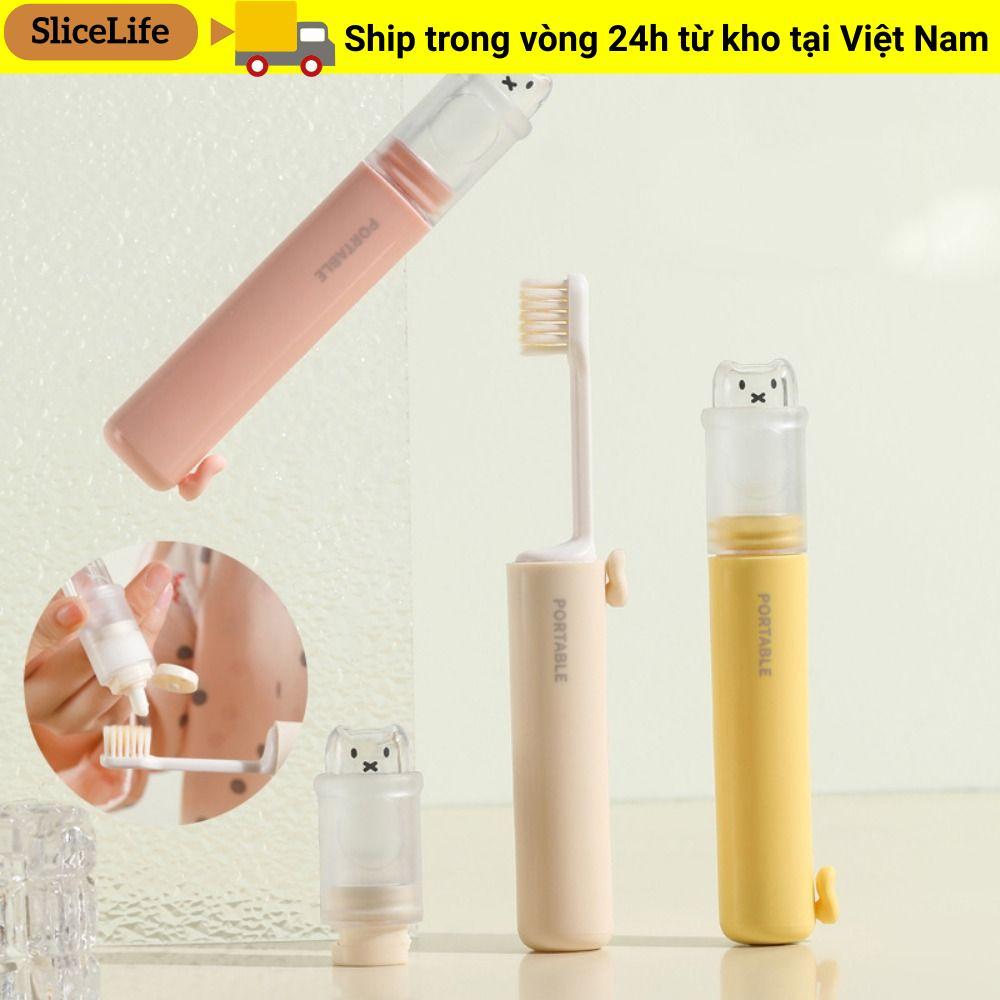 Bàn chải đánh răng du lịch SLICELLIFE, Hộp đựng kem đánh răng Mini 2 trong 1, Bộ bàn chải đánh răng di động có thể gập lại dễ thương cho du lịch cắm trại ngoài trời