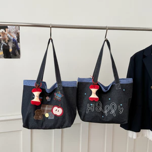 Nhật Bản Hàn Quốc Đơn Giản Apple Thêu Đeo Vai Denim Nữ 2026 Phong Cách Mới Sinh Viên Đi Lại Túi Tote Dung Tích Lớn