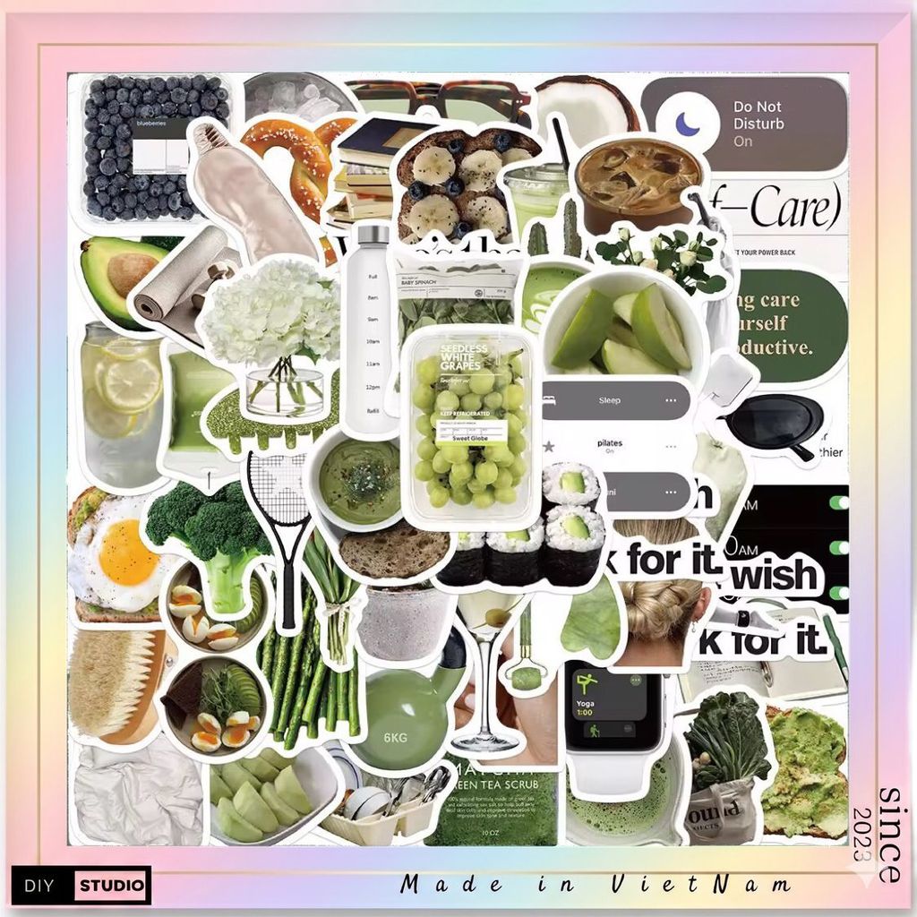 100 sticker những đồ vật màu MATCHA trang trí đồ dùng mũ bảo hiểm ly uống nước văn phòng phẩm chống nước tốt