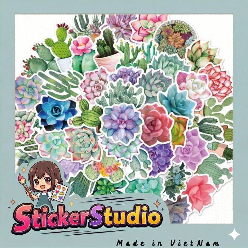 set 60 hình sticker sen đá, xương rồng nhỏ xinh bắt mắt  trang trí sổ tay note book laptop mũ bảo hiểm chống nước tốt