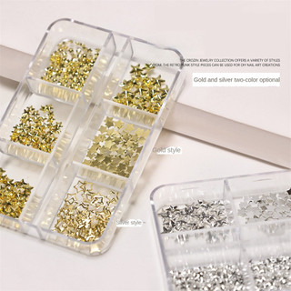 6 Lưới Trang Trí Móng Tay Nghệ Thuật, Đinh Tán Ngôi Sao Rỗng Kim Loại Vàng Bạc, Dụng Cụ Cho Tiệm Nail