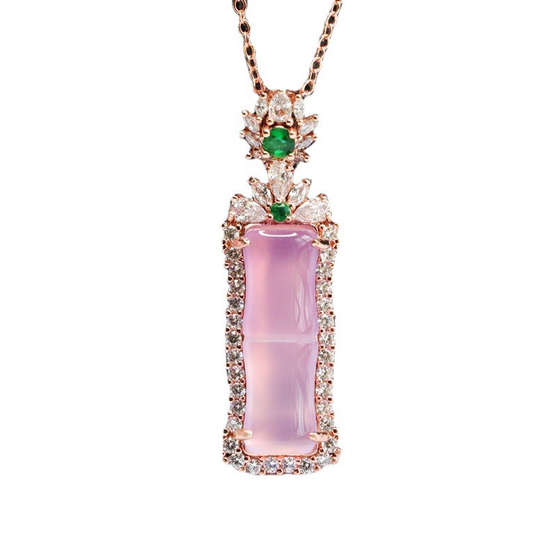 Mặt dây chuyền nút tre Chalcedony màu hồng tự nhiên thời trang