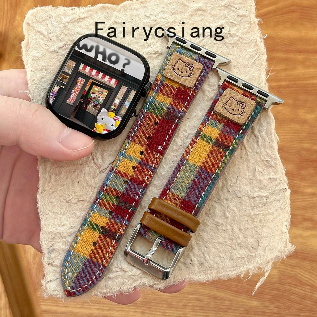 Dây đeo đồng hồ bằng da kẻ sọc KT cho Apple Watch 38mm 40mm 41mm 42mm 44 45 49mm cho iwatch Series 8 7 SE 6 5 4 3 Dây đeo đồng hồ