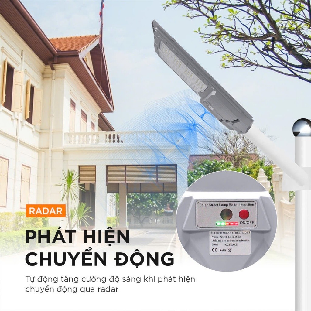 Đèn năng lượng mặt trời liền thể Solar Mỹ Linh 400W, 500W cảm biến chuyển động, điều khiển từ xa