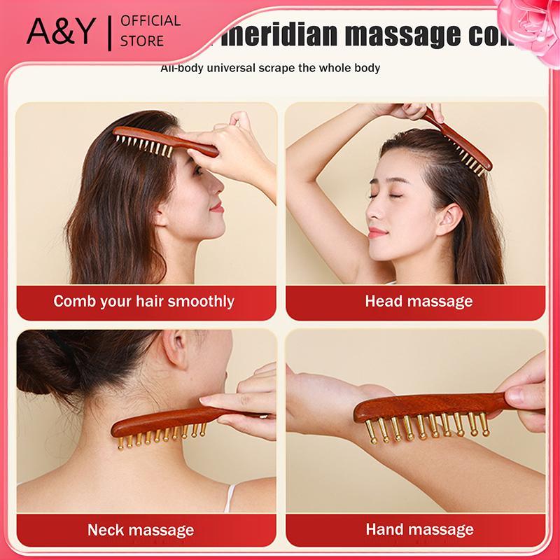 Lược mát xa bằng đồng & gỗ 10 tầng A & Y dành cho kinh tuyến và thư giãn Gỗ đàn hương vàng cạo Guasha Tay cầm dài.