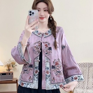Áo khoác lanh cotton retro với họa tiết thêu dân tộc
