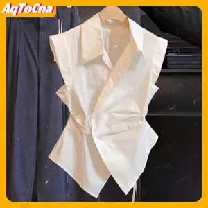 Ao sơ mi không tay nữ thiết kế sang trọng với chi tiết eo có dây buộc