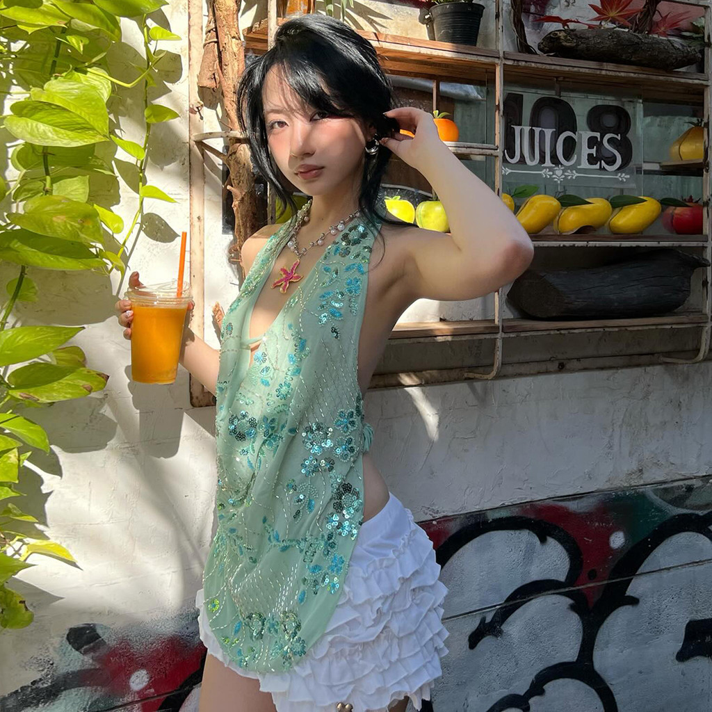 Klalien Áo Vest SequinSexy Cho Nữ, Thiết Kế Trendy Với Chi Tiết Cut-Out và Dây Quai Phía Sau