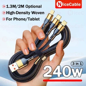 Cáp dữ liệu sạc siêu nhanh 240W Dây sạc điện thoại di động USB 3 TRONG 1 1.3M / 2M Tùy chọn Cáp bện cường độ cao Hỗ trợ truyền dữ liệu