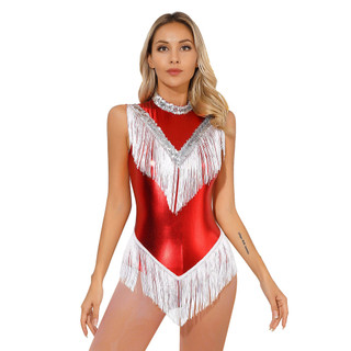 Yhong Nữ Kim Loại Không Tay Viền Body Sáng Bóng Kim Sa Lấp Lánh Mock Cổ Tua Rua Leotard Cho Biểu Diễn Khiêu Vũ Latin