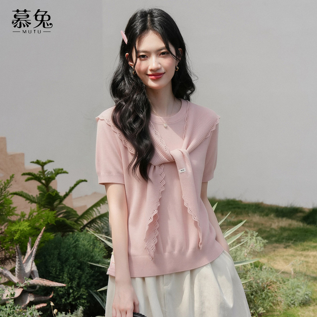 Mutu Ngọt Ngào - Bộ Áo Len Tay Ngắn Và Khăn Choàng Hai Mảnh Màu Hồng, Phong Cách Mới, Phù Hợp Mặc Thường Ngày Mùa Hè