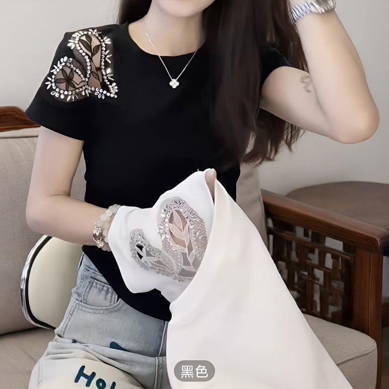 Áo thun ngắn tay nữ mùa hè với họa tiết kim cương rỗng, phong cách mới và sang trọng