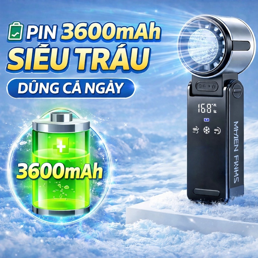 Quạt cầm tay mini Siêu mát 180 Độ xoay gấp gọn màn hình LED hiện thị kỹ thuật số