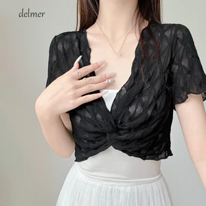 Áo thun ren DELMER, Áo Crop top lưới cổ chữ V rỗng, sọc thời trang xuyên thấu phong cách Hàn Quốc Khăn choàng chống nắng cho nữ