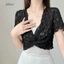 Áo thun ren DELMER, Áo Crop top lưới cổ chữ V rỗng, sọc thời trang xuyên thấu phong cách Hàn Quốc Khăn choàng chống nắng cho nữ