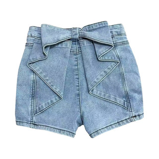 Quần short jean nữ cạp cao thẳng đệm hông nơ 3D 2026 Hè Du lịch