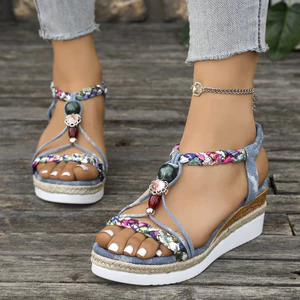 Kích Thước Lớn Khóa Phẳng Dây Đeo Nêm Gót Giày Sandal Mùa Hè Phong Cách Bohemian Mũi Tròn Đế Dày Giày Sandal Cao Gót Nữ PWEN