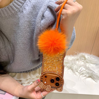 Ốp lưng iPhone tai mèo Bling màu cam có dây đeo cổ tay Pom-Pom | Ốp Điện Thoại Lấp Lánh Lấp Lánh Lấp Lánh Cho iphone 17 17ProMax 17Pro 16 15 14 Vỏ