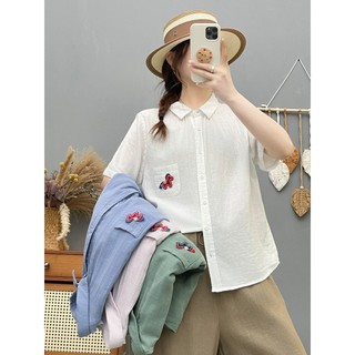 Áo sơ mi nữ cotton cao cấp, họa tiết hoạt hình mùa hè, túi thêu pony rời