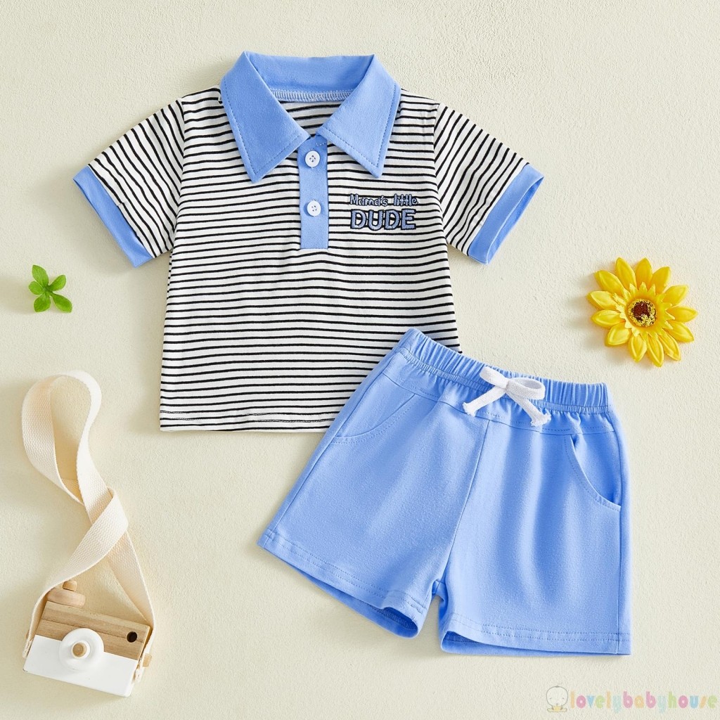 LBH-Boys Mùa Hè Tay Ngắn Ve Áo Thêu Chữ Sọc Áo Và Quần Short Màu Trơn