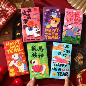 Bộ bao lì xì hoạt hình Năm Ngọ 2026 – phong bao đỏ giấy dày, dập nhũ, nhiều mẫu dễ thương cho bé & quà Tết