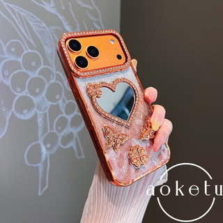 Thích hợp cho vỏ điện thoại iPhone 17 Promax, vỏ bảo vệ Apple 16 Pro dành cho nữ, gương cảm ứng hình trái tim, vỏ silicon chống rơi kim cương lấp lánh màu cam 17