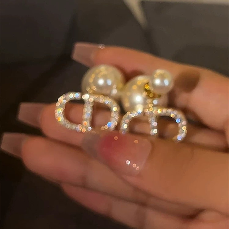Bông tai ngọc trai và zircon hai mặt, phong cách Pháp, thiết kế sang trọng và khảm chi tiết