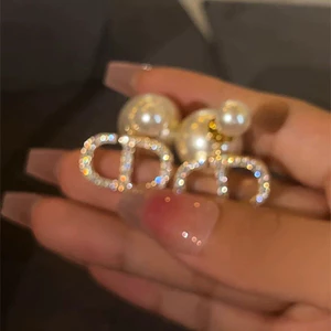 Bông tai ngọc trai và zircon hai mặt, phong cách Pháp, thiết kế sang trọng và khảm chi tiết