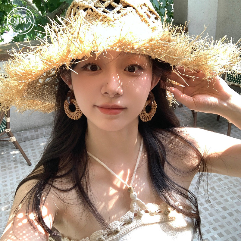 Bông tai hình tròn dệt mây tre phong cách Bohemian, phù hợp cho kỳ nghỉ và mùa hè